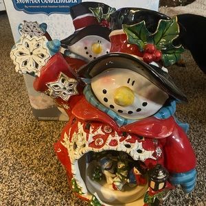 RARE Blue Sky circle of friends snowman candleholder